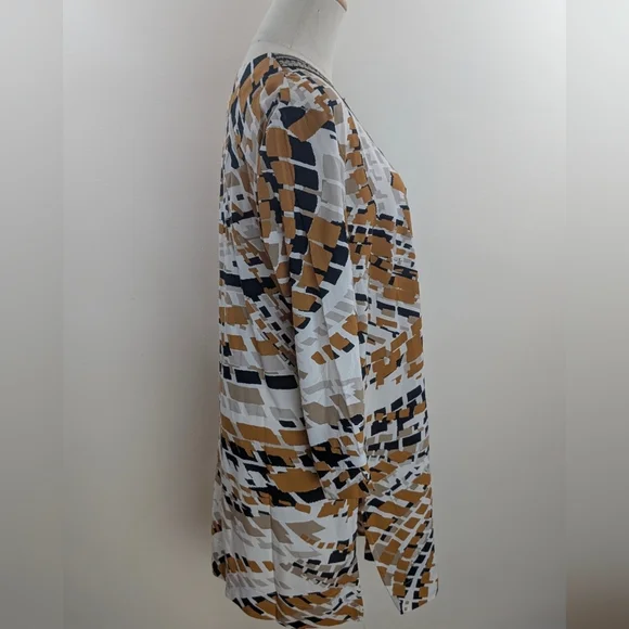Dennis Basso Women's Size Small Abstract V-Neck Tunic in Black, Brown, and White - Picture 7 of 12